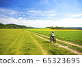 9 years girl going in bicycle across the fields in the sunny day 65323695