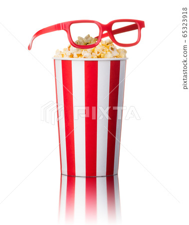 Paper striped bucket with popcorn and 3D glasses isolated on white background Paper striped bucket with popcorn and 3D glasses isolated on white background 65323918