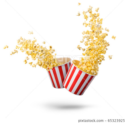 Set of flying popcorn from paper striped buckets isolated on white background 65323925