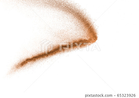 Dry river sand explosion. Brown color sand splash against white background. Dry river sand explosion. Brown color sand splash against white background. 65323926