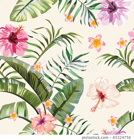 Tropical vivid flowers leaves seamless background Tropical vivid flowers leaves seamless background 65324756