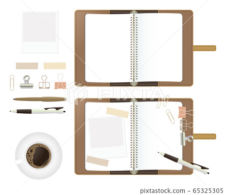 Leather notebook and notebook margins and clips and polaroid photo frames and coffee illustration set 65325305