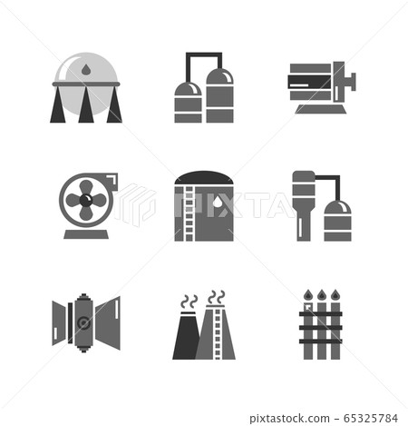 Heavy Oil and gas industrial icon,tank,refinery columns,motor and pump,gas turbine engine 65325784