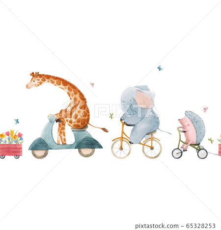 Beautiful vector seamless pattern for children with watercolor hand drawn cute animals on transport. Stock illustration. Beautiful vector seamless pattern for children with watercolor hand drawn cute animals on transport. Stock illustration. 65328253