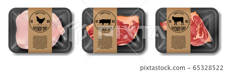 Relistic meat packaging of beef, pork and chicken. Set of supermarket meat package isolated on white. Beef and pork steak. vector illustration 65328522