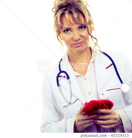 Female cardiologist with red heart. Female cardiologist with red heart. 65329313
