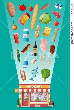 Grocery store front with window and door. Grocery store front with window and door. 65329521