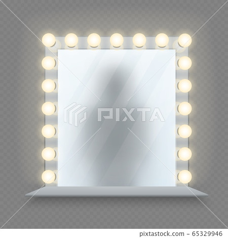 Realistic makeup mirror. Glass in bulbs frame with table. Shadow reflection, equipment for dressing room vector illustration 65329946