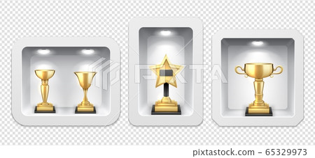 Golden cups. Awards stand, light boxes. Gallery of Victory, realistic shelves with lamps vector illustration 65329973