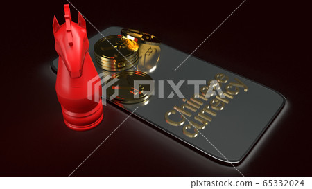 The mobile and gold coins  red knight chess 3d rendering for china currency 65332024