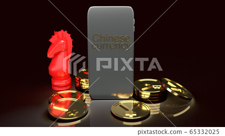 The mobile and gold coins  red knight chess 3d rendering for china currency 65332025