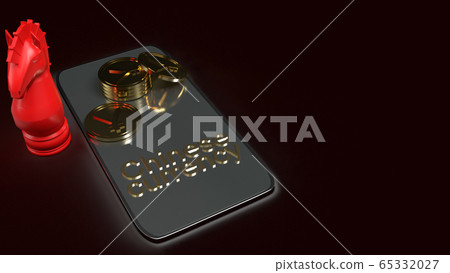 The mobile and gold coins  red knight chess 3d rendering for china currency 65332027