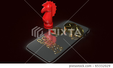 The mobile and gold coins  red knight chess 3d rendering for china currency 65332029
