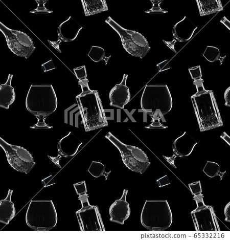 Bottles and glasses on a black background. Seamless pattern Bottles and glasses on a black background. Seamless pattern 65332216