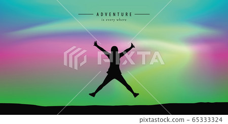 happy girl jumps on aurora borealis beautiful polar lights background happy girl jumps on aurora borealis beautiful polar lights background 65333324