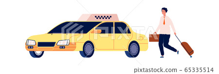 Businessman get in taxi. Man catches auto. Young guy with suitcase and bag stop yellow car vector illustration Businessman get in taxi. Man catches auto. Young guy with suitcase and bag stop yellow car vector illustration 65335514