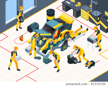 Car service. Workers mechanic repairing automobile change engine and wheels in garage interior vector inspection team isometric 65335530