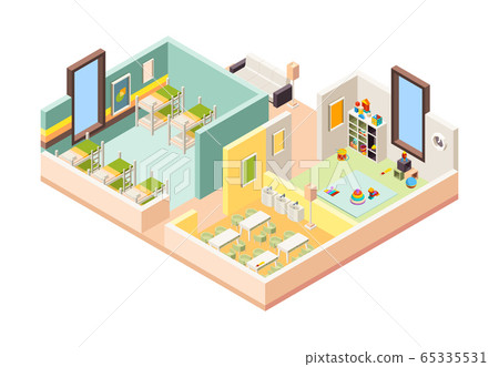 Kindergarten interior. Playground room preschool building with kitchen lessons game place and bedroom for little kids vector 3d interior 65335531