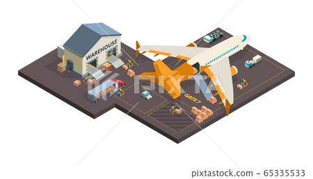 Cargo aircraft. Loading airplane packages and containers airport truck refueling vector isometric cargo transport Cargo aircraft. Loading airplane packages and containers airport truck refueling vector isometric cargo transport 65335533