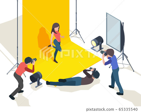 Photo session. Model posing in art studio on podium professional photographer working making digital photo set vector isometric background 65335540