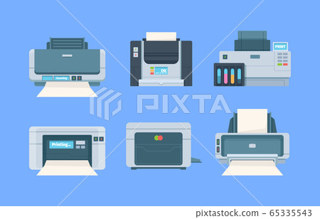 Printers. Documents and photo on papers copy machines for printing house vector flat illustration 65335543