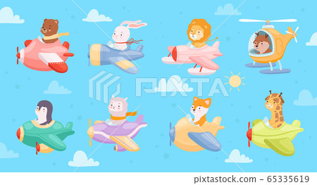 Cartoon airplanes. Kids animals flying in avia transport plane and helicopters vector childrens collection 65335619