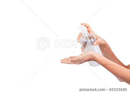 Washing hands with alcohol gel. Sanitizer after using a public restroom. Hygiene concept. Prevent the spread of germs and hand hygiene corona virus protection. 65335680