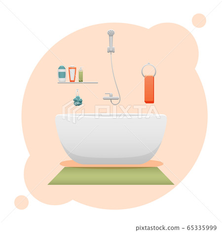 Bathroom interior. Shower gel, sponge, shampoo, bathtub, towel, carpet and faucet. Bathroom interior. Shower gel, sponge, shampoo, bathtub, towel, carpet and faucet. 65335999