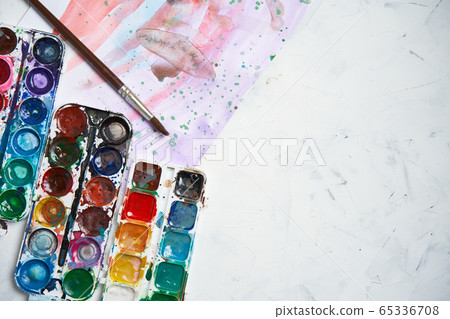 Set of watercolor paints on white background. Set of watercolor paints on white background. 65336708