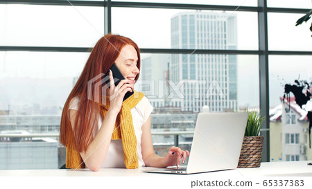 Woman working at the computer and talking on the phone 65337383