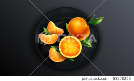 Composition of mandarins on a black plate. Composition of mandarins on a black plate. 65338290
