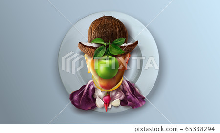 Fruit and vegetable collage on a plate repeats the male portrait by Magritte. 65338294