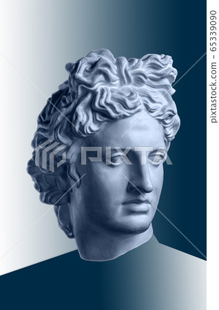 Collage with plaster antique sculpture of human face in a pop art style. Creative concept image with ancient statue head in blue tone. Cyberpunk, webpunk and surreal style poster. Zine culture Collage with plaster antique sculpture of human face in a pop art style. Creative concept image with ancient statue head in blue tone. Cyberpunk, webpunk and surreal style poster. Zine culture 65339090