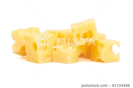 Many pieceses of cheese on white 65339486