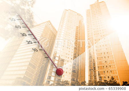 Thermometer shows high air temperature. Global warming concept Thermometer shows high air temperature. Global warming concept 65339908