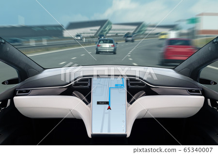 Autonomous car on a road. Inside view. 65340007
