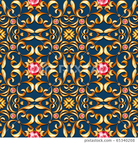 Seamless gold pattern with scrolls on blue 65340208