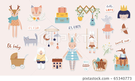 Trendy baby and children illustrations, stickers, tattoos. Vintage style. Vector illustrations Trendy baby and children illustrations, stickers, tattoos. Vintage style. Vector illustrations 65340773
