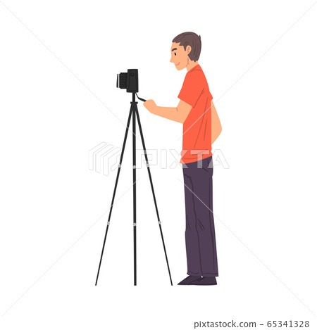 Male Cameraman Shooting with Camera on Tripod, Videographer with Professional Equipment Cartoon Vector Illustration 65341328