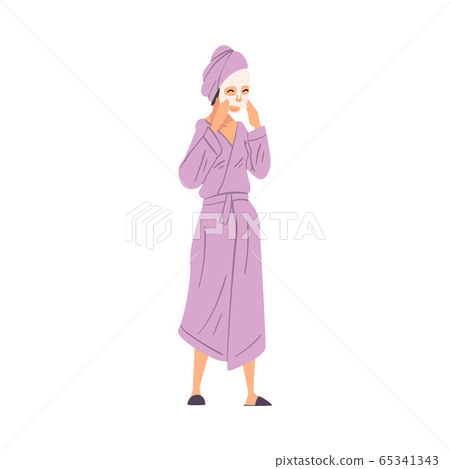 Young Woman in Bathrobe with Cosmetic Face Mask, Female Beauty Blogger Streaming Online Cartoon Vector Illustration 65341343