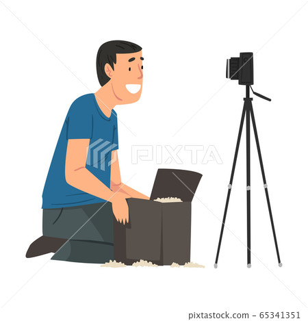 Male Blogger Unboxing Purchase, Online Parcel Unpacking Cartoon Vector Illustration 65341351