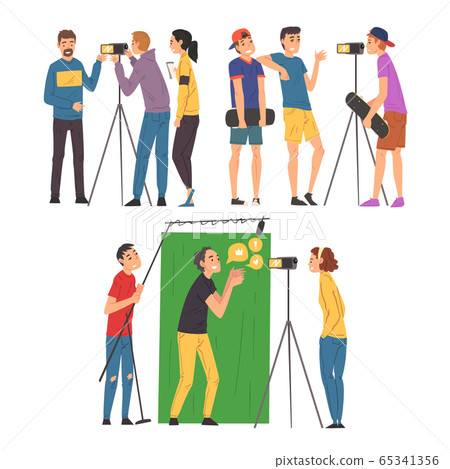 Bloggers Streaming Online Set, Cameraman and Soundman Recording Video with Camera and Microphone, Social Media Blogging Cartoon Vector Illustration 65341356