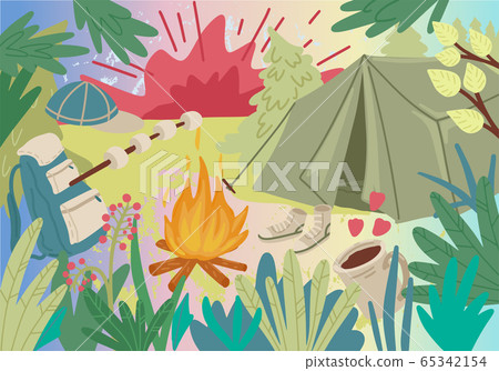 Summer holiday. Camping in forest with tent. Vector cartoon concept 65342154