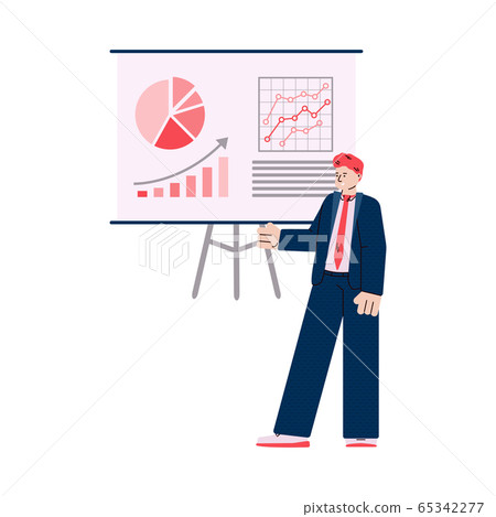 Businessman near presentation board with charts, vector illustration isolated. Businessman near presentation board with charts, vector illustration isolated. 65342277