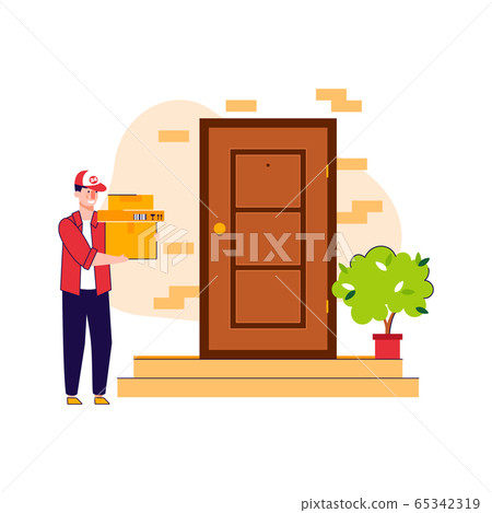 Cartoon delivery man standing by front door with cardboard box stack Cartoon delivery man standing by front door with cardboard box stack 65342319