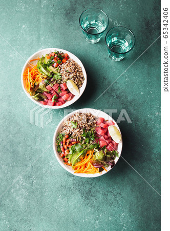 Vercion of Hawaiian tuna poke bowl with quinoa. Vercion of Hawaiian tuna poke bowl with quinoa. 65342406