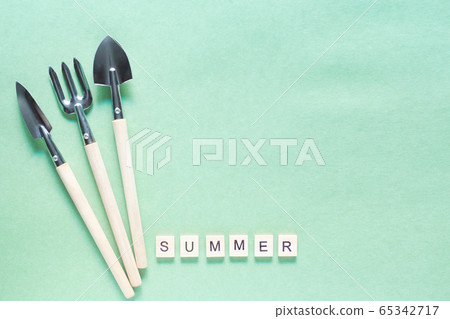 inscription summer wooden letters on a green background. Gardening at home. top view. wood letters inscription summer wooden letters on a green background. Gardening at home. top view. wood letters 65342717