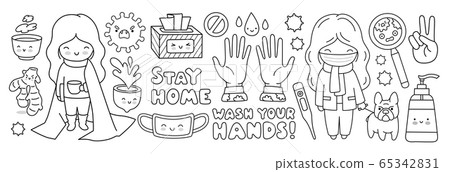 Coronavirus pandemic, covid-19. Outline elements and characters. Stay home, wash hands. Coronavirus pandemic, covid-19. Outline elements and characters. Stay home, wash hands. 65342831
