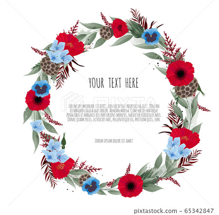 Floral vector wreath with green eucalyptus leaves, anemone and garden flowers 65342847