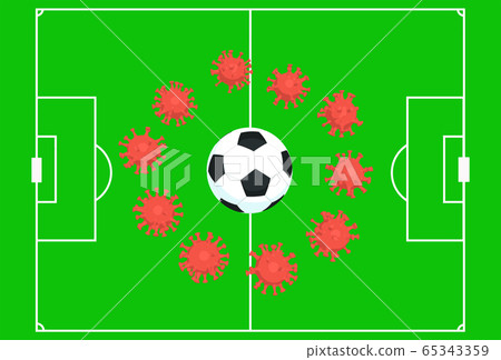 Football field coronavirus team in the center around the ball, match cancellation, game championships Football field coronavirus team in the center around the ball, match cancellation, game championships 65343359